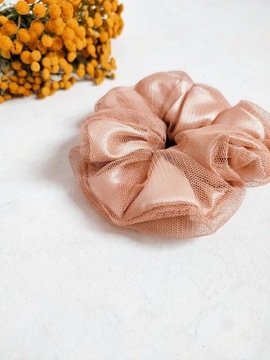 Scrunchie satynowa z tiulem beż 