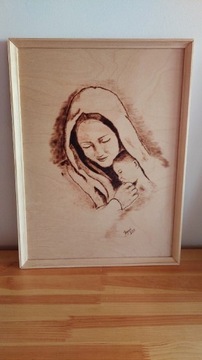 Obraz,pirografia,Maryja z dzieciątkiem