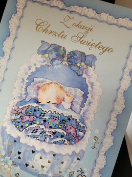 Nowa kartka na chrzest dziecka chłopak dedykacją 