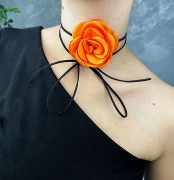 Pomarańczowy choker na szyję mała Róża 6 cm rzemyk