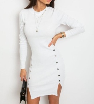 Sukienka dresowa-prążek-guziki-biała (UNI)