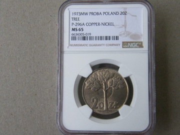 20 zł. 1973 Drzewo /próba P-296A /  NGC  MS65