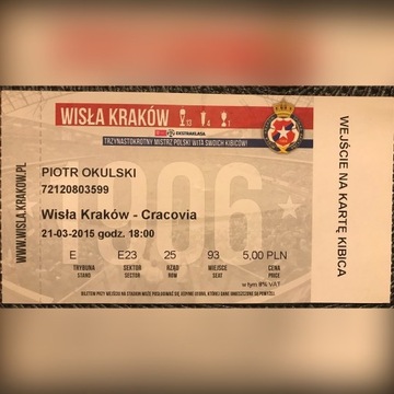 Bilet piłkarski. Derbowy Wisła Cracovia ’15
