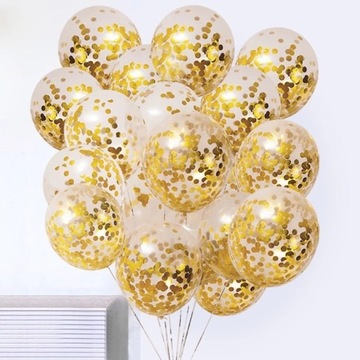 Transparentne balony konfetti złote WESELE CHRZEST
