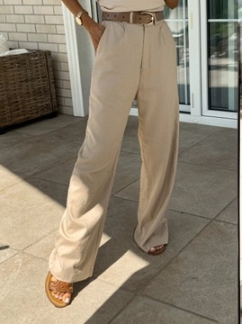 Beżowe eleganckie spodnie lniane wiskoza XS 34 wysoki stan proste  len