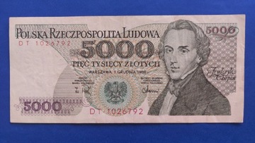 Banknot 5000zł PRL Fryderyk Chopin 1988r, Seria DT