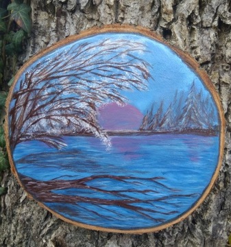 Obrazek na drewnie jezioro