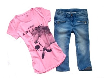H&M spodnie rybaczki jeans+bluzka koń.146
