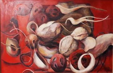 "Abstrakcja w czerwieni "- olej 90×60 