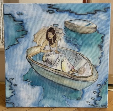 obraz ręcznie malowany kobieta w łodzi 40x40cm