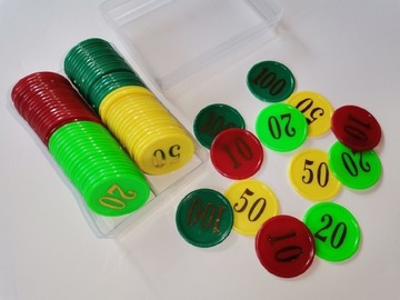Plastikowe monety żetony 80 szt. 10, 20, 50, 100