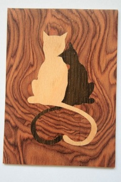 Drewniana pocztówka, obrazek, intarsja. Koty