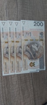 Banknot 200 zł seria AN 4x kolejne numery