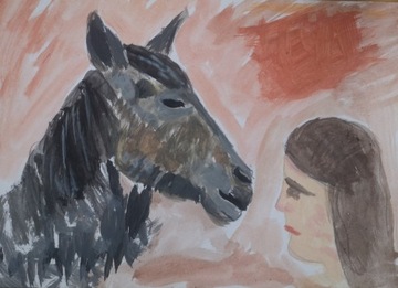 dziewczyna i koń, akryl na papierze