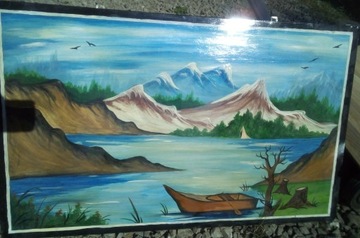 obraz malowany - góry i jezioro