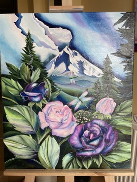 obraz ręcznie malowany, góry, kwiaty, róże