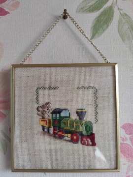 Obrazek haftowany-pociąg,myszka,handmade.