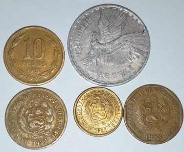 Chile1 centesimo1960,10pesos1981,Peru3monety