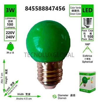Żarówka LED barwa zielona G45 230V 3W E27