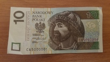 Banknot obiegowy 10 zł ładny nr CA 5000001