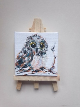 Mini obraz ręcznie malowany sowa ptak  +sztaluga
