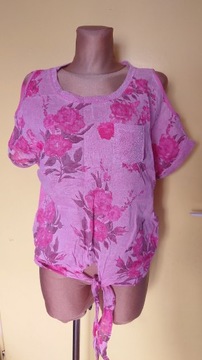 bluzka różowa w kwiaty Len rozmiar M/L/XL