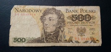 Stary banknot Polska 500 zł 1982 rok PRL 