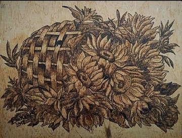 Słoneczniki w koszu- pirografia (ręcznie wypalane)