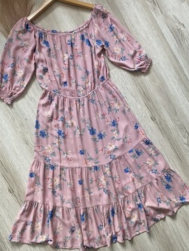 Sukienka midi letnia różowa w kwiaty H&M 38/40