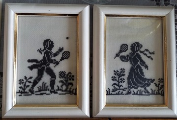 Dwa obrazki (komplet) haftowany ręcznie: Tenisiści