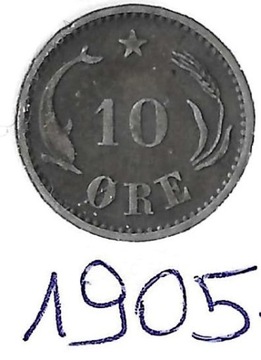 DANIA, 10 ore 1905, Chrystian IX, srebro, stan 3+