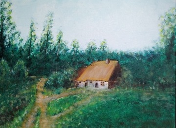 Obraz ręcznie malowany pejzaż chatka w lesie