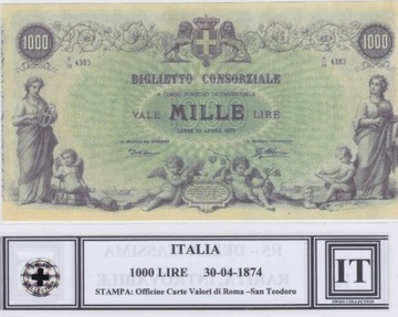 1000 lirów Włochy 1874 rok Kopia