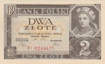 2 ZŁOTE 1936 rok z nadrukiem Stan I