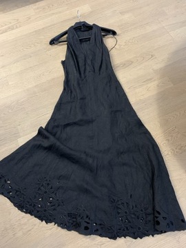 DKNY Czarna sukienka len z haftem Richelieu M