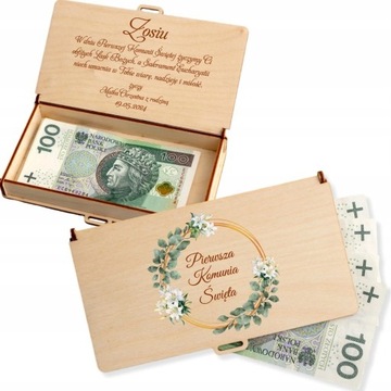 Pudełko na pieniądze pamiątka Pierwszej Komunii Świętej personalizowane eko