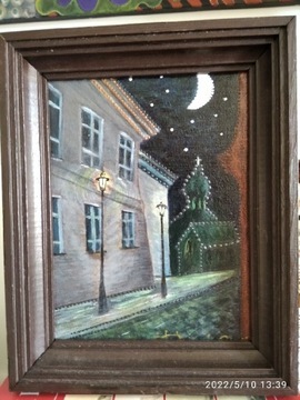 Obraz malowany akrylami"Kamieniczka nocą "