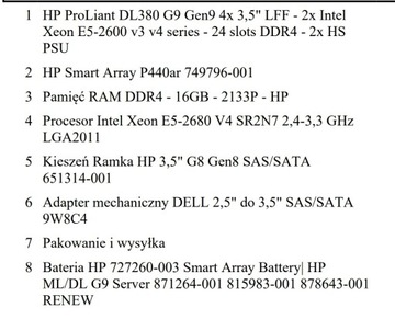 Serwer HP DL380 G9 XEON E5 2680 V4