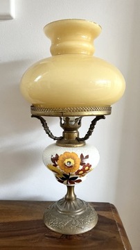Piękna lampka, szklany klosz, ceramika, kwiaty
