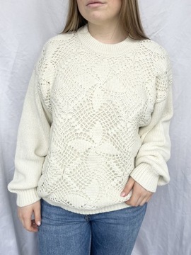 Biały kremowy sweter z koronką szydełkową vintage