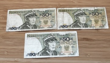 Komplet 3 banknotów 50zl 1988 seria HF
