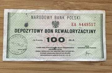 Depozytowy bon rewaloryzacyjny 100 zł