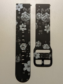 Pasek do zegarka silikonowy 22 czarny białe kwiaty