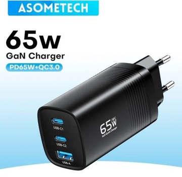 ASOMETECH Ładowarka GaN 65W 2x USB-C + 1x USB-A