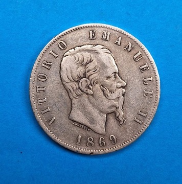 Włochy 5 lirów 1869, Wiktor Emanuel II, Ag 0,900