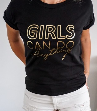 T-shirt bluzka czarna złoty Girls can do anything 