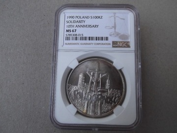 100000 zł. 1990 Solidarność  typ A  NGC MS67