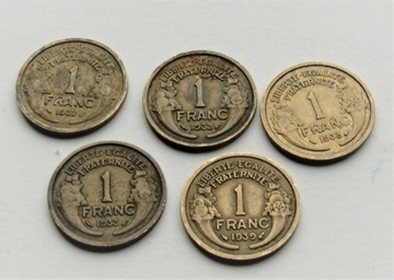 Francja 1 frank 1932 1933 1938 1939  zestaw