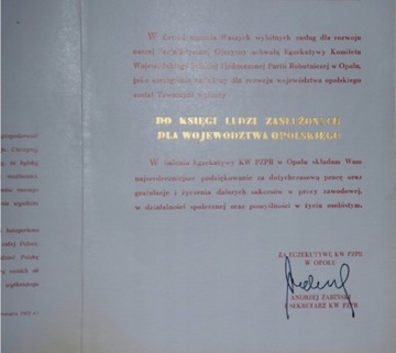 Andrzej Żabiński I sekretarz KW PZPR Opole podpis
