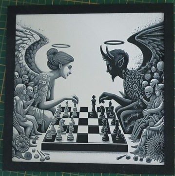 Anioł i diabeł grający w szachy Obrazek 3D